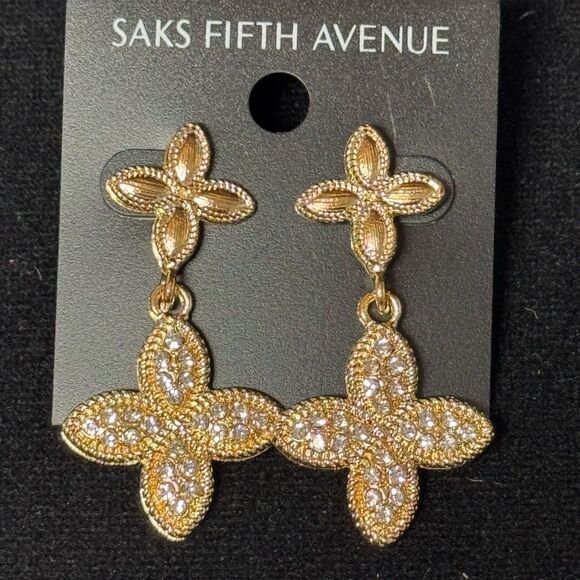 Saks Fifth Avenue Elegant Gold and Crystal Clover Floral Earrings 2 inch - Picture 2 of 7